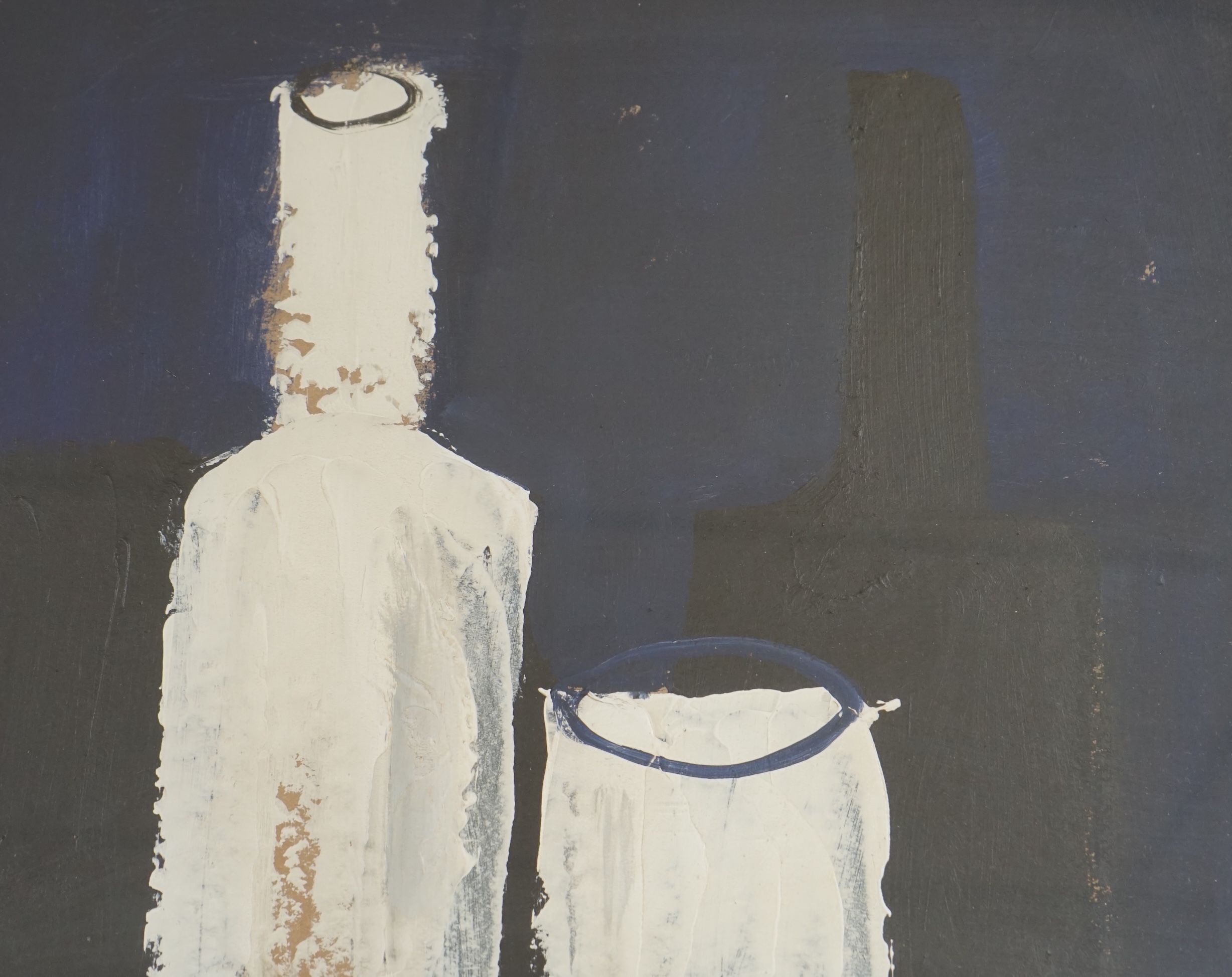 Oil on board, abstract composition, Still life of vessels, 32 x 38cm. Condition - good